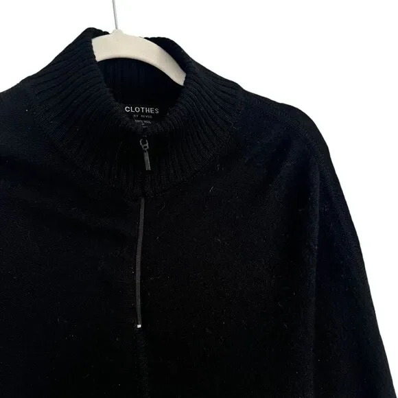 Clothes by Revue Black 100% Wool Sweater Poncho Pockets FLAW Womens Size Medium - Picture 5 of 9